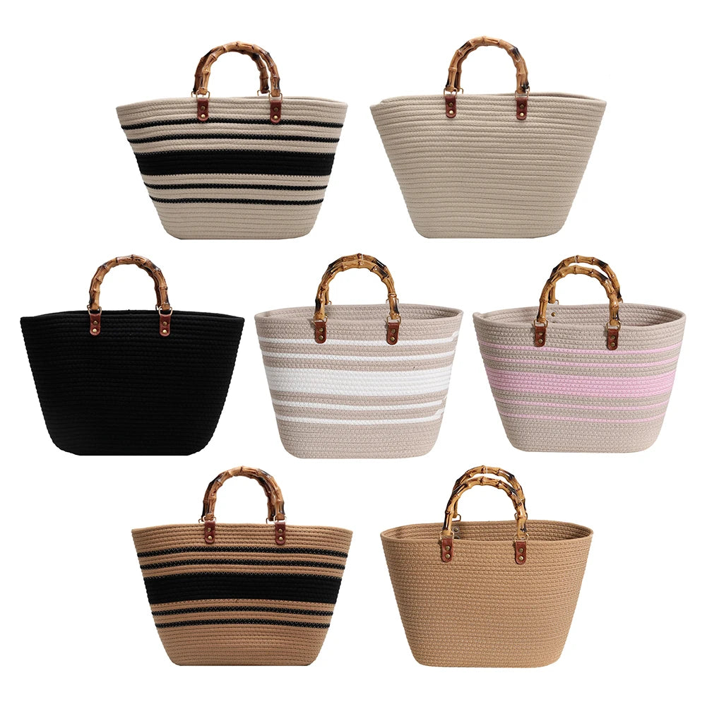Women’s Woven Beach Tote Bag with Bamboo Handles – Large Striped Vacation Bag for Summer Travel & Seaside Parties