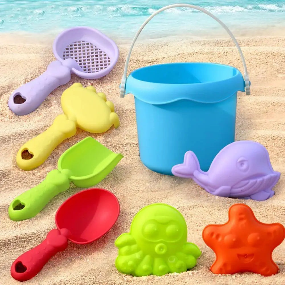 Kids’ Beach Toy Set – Plastic Sand Play Set with Bucket, Shovels, Sea Creature Molds, Smooth Edges, and Bright Colors