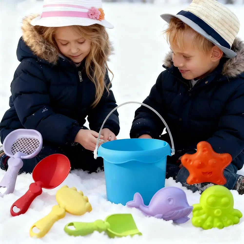 Kids’ Beach Toy Set – Plastic Sand Play Set with Bucket, Shovels, Sea Creature Molds, Smooth Edges, and Bright Colors