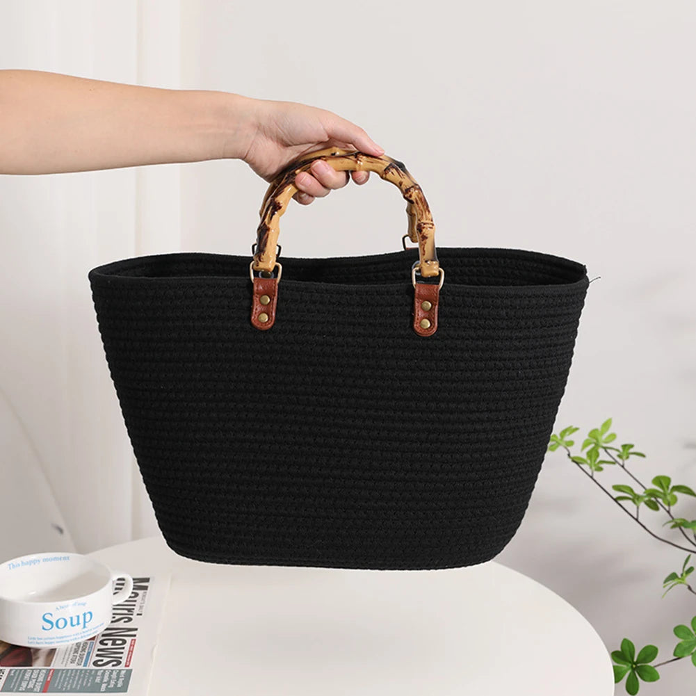 Women’s Woven Beach Tote Bag with Bamboo Handles – Large Striped Vacation Bag for Summer Travel & Seaside Parties