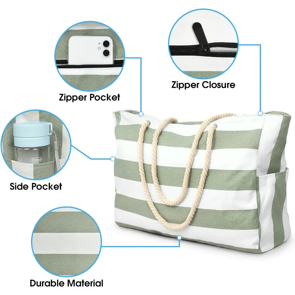 Becokan Waterproof Beach Tote Bag for Women – Large Sandproof Zippered Pool & Swim Bag