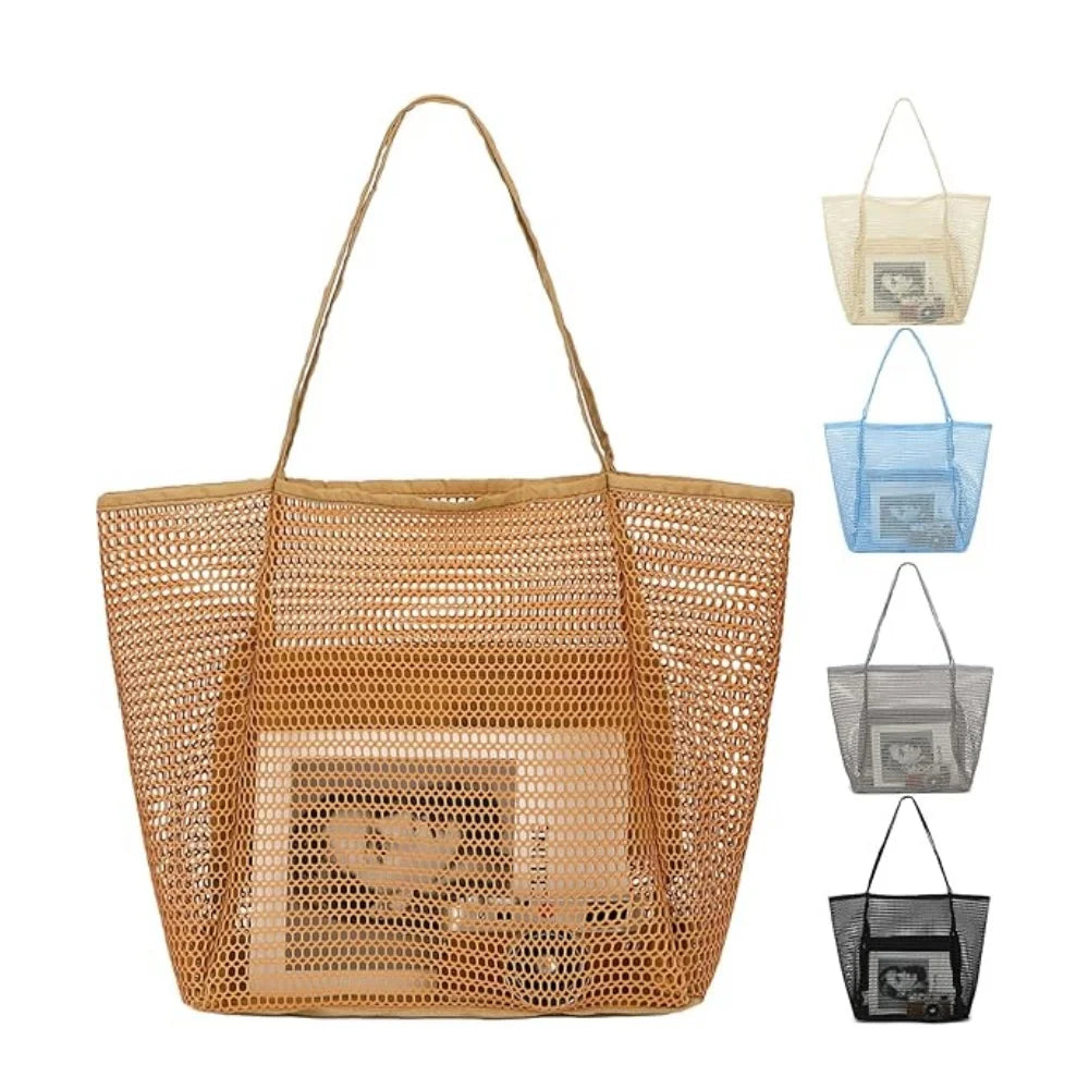 Women’s Summer Mesh Beach Tote Bag – Sandproof Woven Shoulder Handbag with Large Inner Pocket for Travel, Vacation, and Beach Essentials