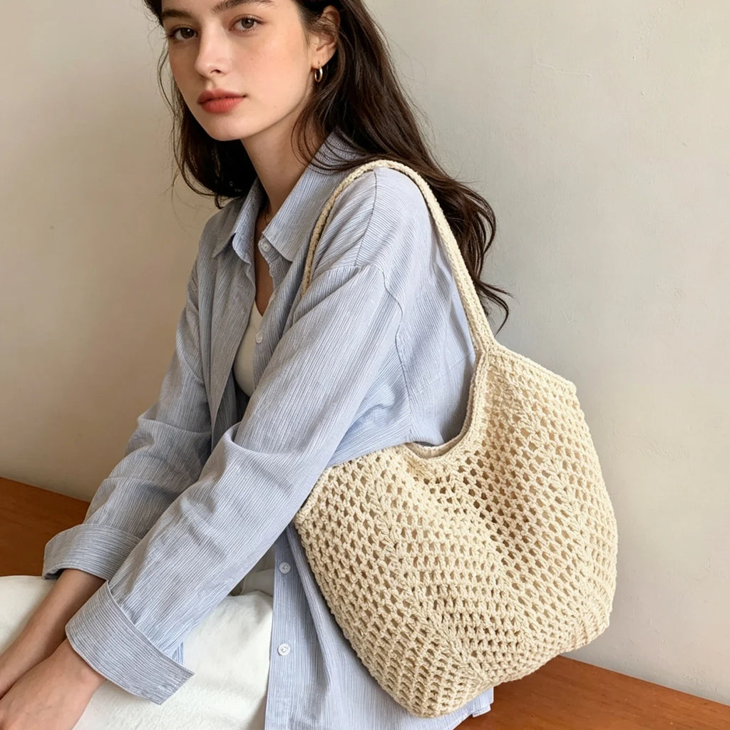 Beach Bags for Women - Women Beach Tote Bag, Summer Mesh Hollow Straw Tote Bag for Holiday Market