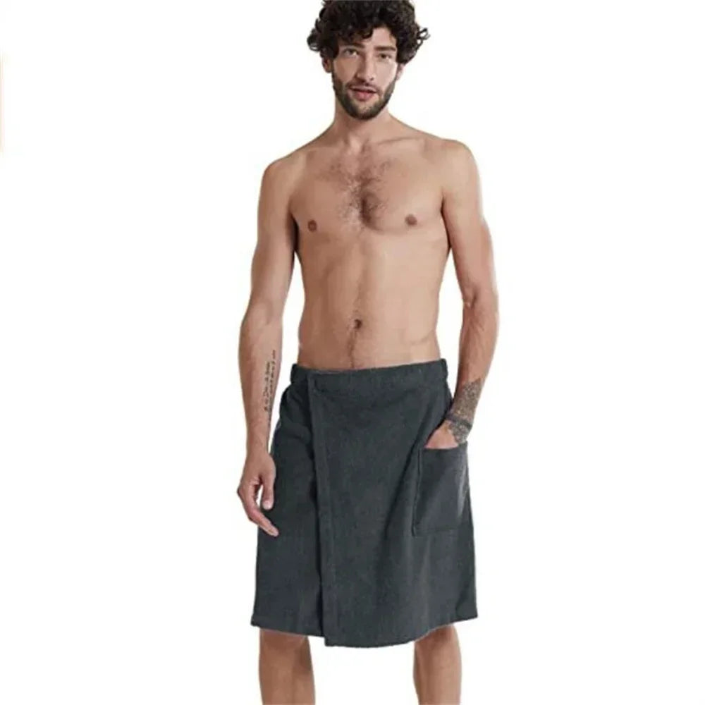 Men’s Soft Wearable Bath Towel with Pocket – Adjustable Shower Wrap for Sauna, Gym, Swimming, Spa, Beach, and Travel