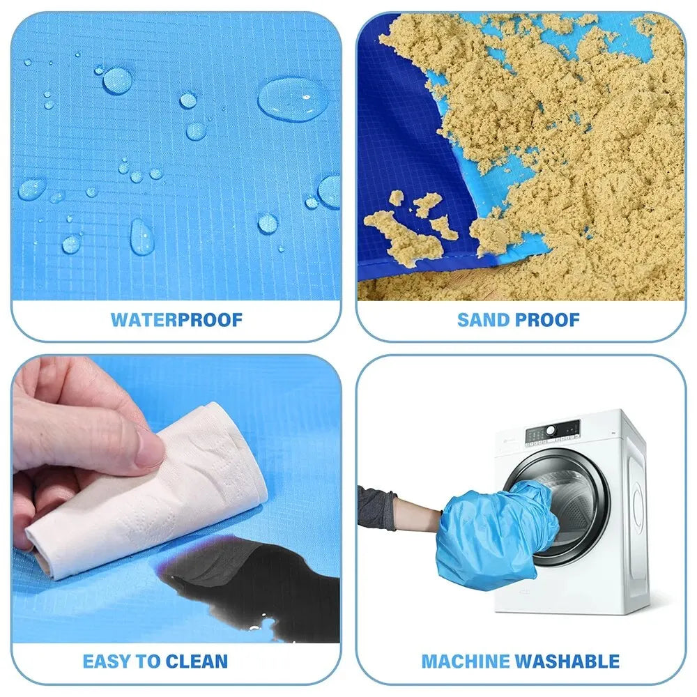 Large Waterproof Sandproof Beach Blanket – Lightweight Beach Mat for 2–3 Adults, Perfect for Travel, Camping, Hiking, and Beach Trips