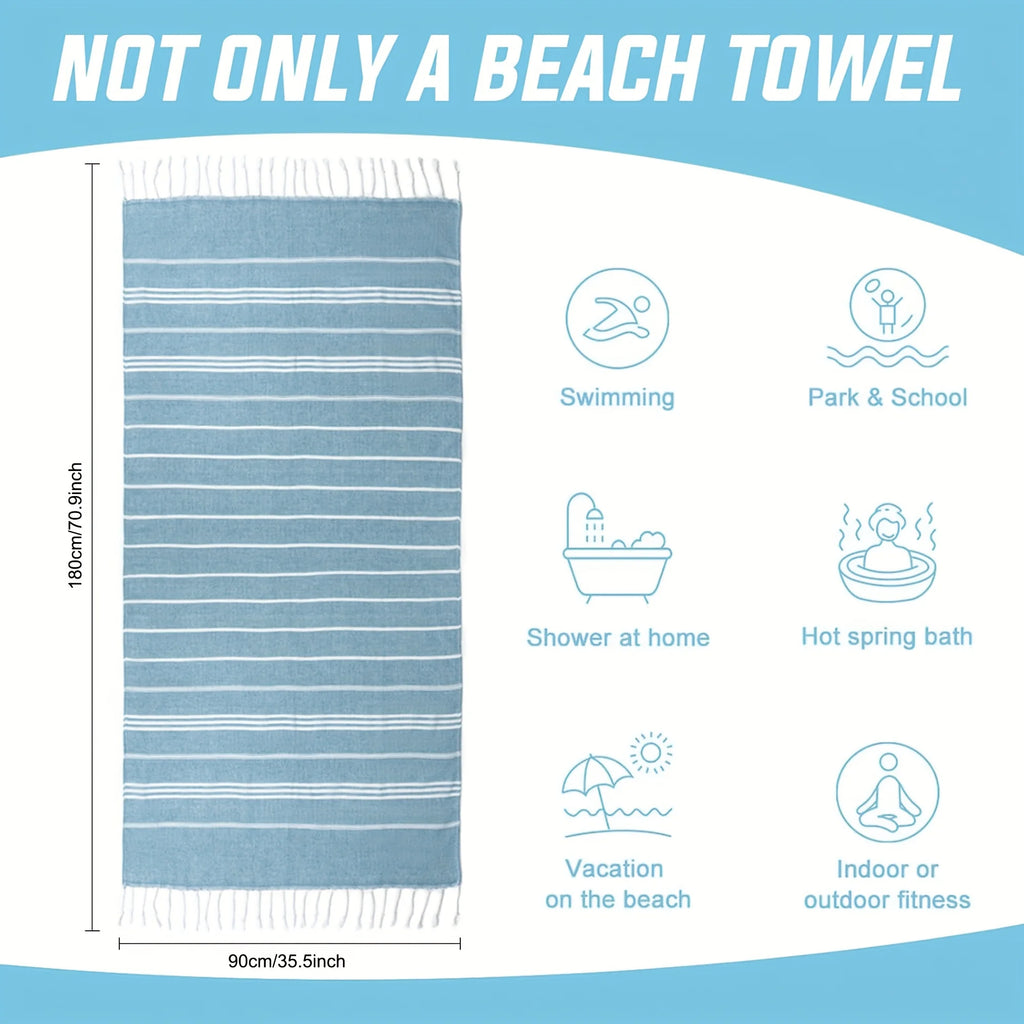 Turkish Beach Towel 90 × 180 cm – Soft Absorbent Quick-Dry Fringed Towel for Beach, Bath, Sauna, Spa, Gym, Sports, and Travel