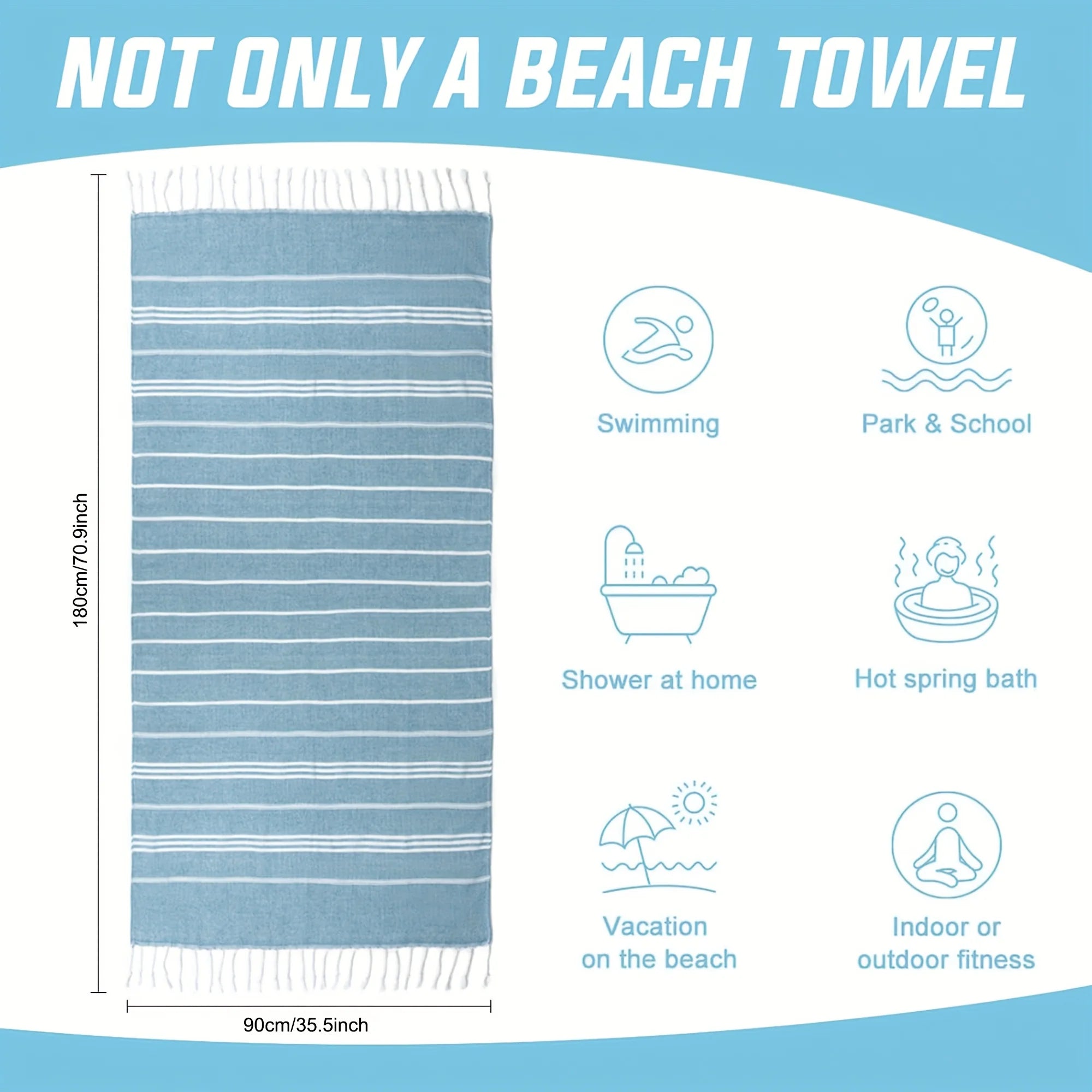 Turkish Beach Towel 90 × 180 cm – Soft Absorbent Quick-Dry Fringed Towel for Beach, Bath, Sauna, Spa, Gym, Sports, and Travel