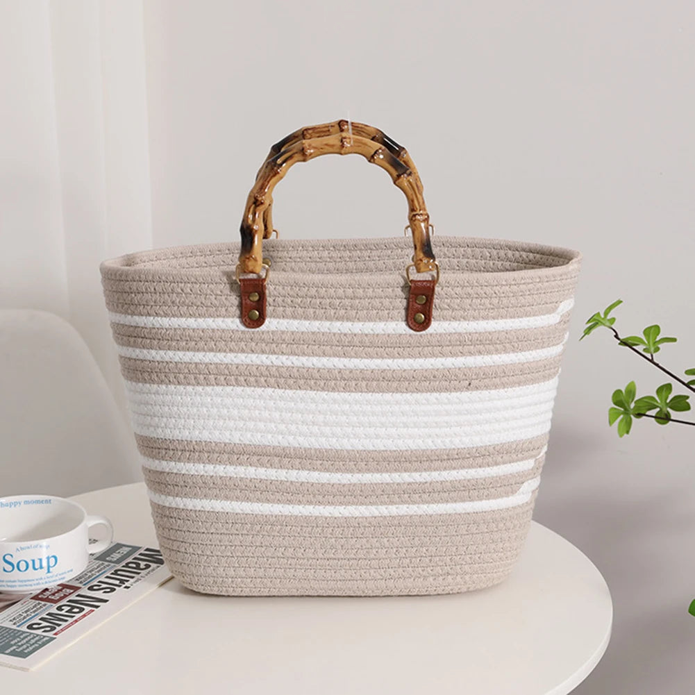 Women’s Woven Beach Tote Bag with Bamboo Handles – Large Striped Vacation Bag for Summer Travel & Seaside Parties