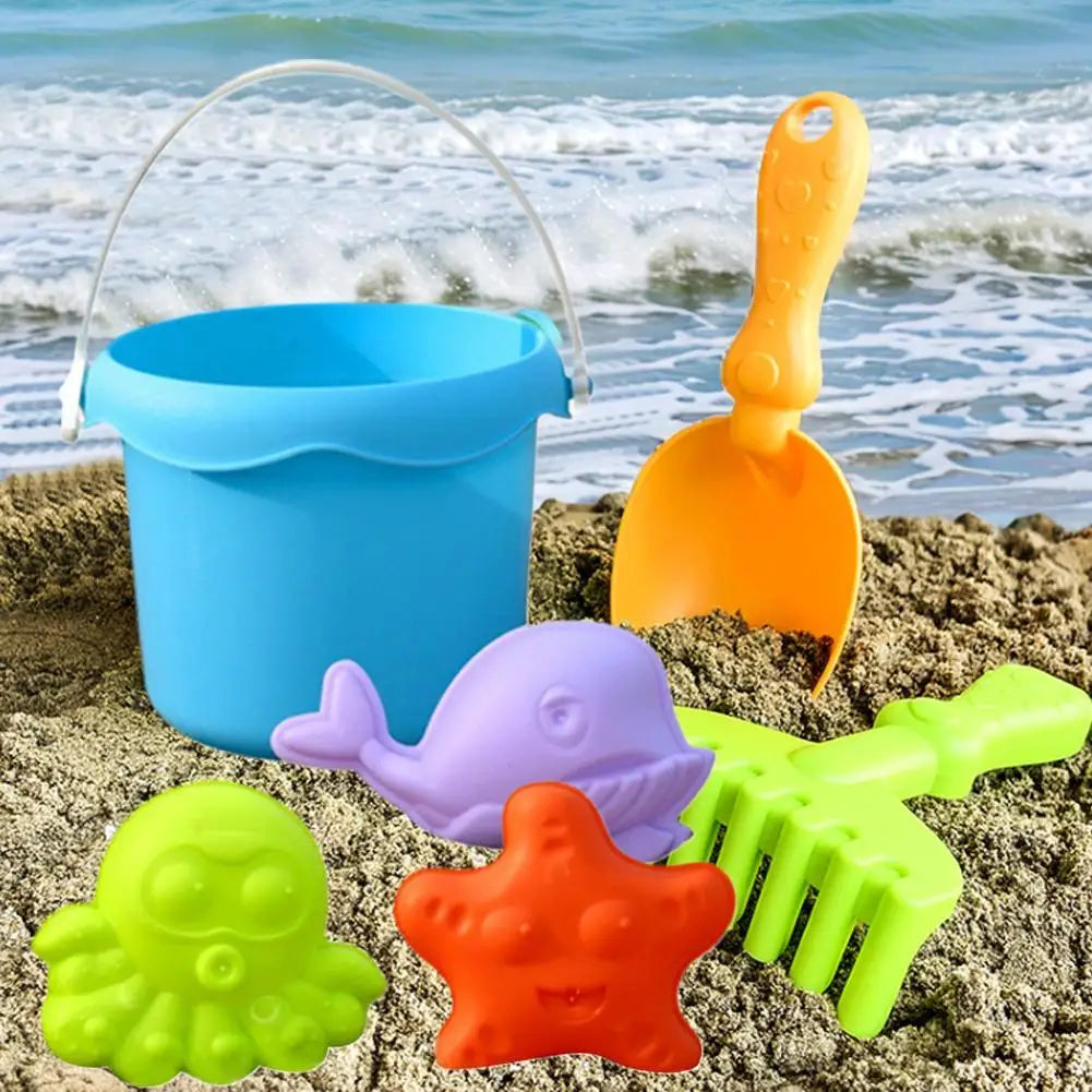 Kids’ Beach Toy Set – Plastic Sand Play Set with Bucket, Shovels, Sea Creature Molds, Smooth Edges, and Bright Colors