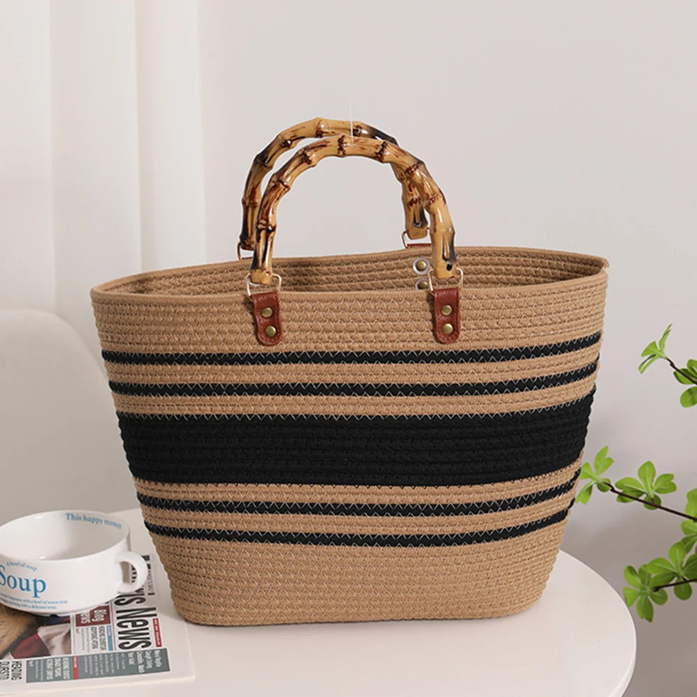 Women’s Woven Beach Tote Bag with Bamboo Handles – Large Striped Vacation Bag for Summer Travel & Seaside Parties