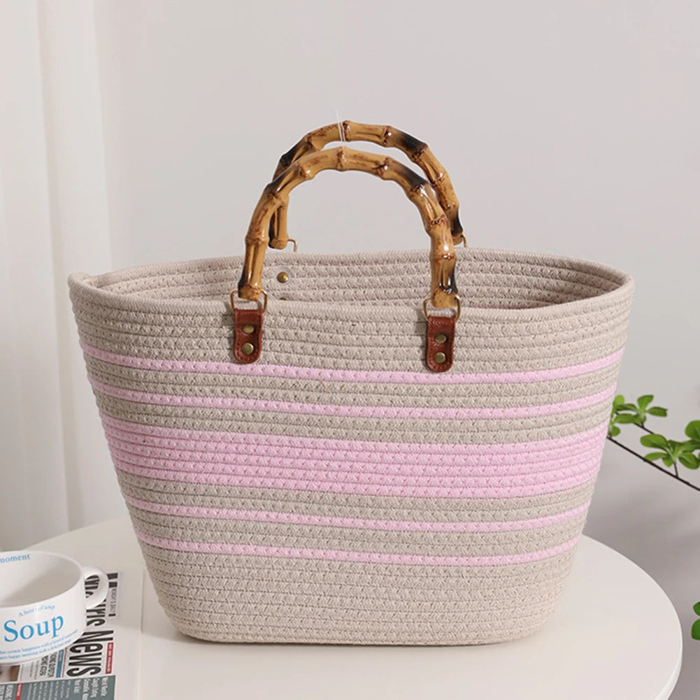 Women’s Woven Beach Tote Bag with Bamboo Handles – Large Striped Vacation Bag for Summer Travel & Seaside Parties