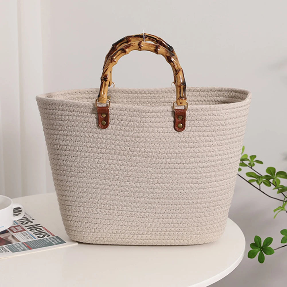 Women’s Woven Beach Tote Bag with Bamboo Handles – Large Striped Vacation Bag for Summer Travel & Seaside Parties
