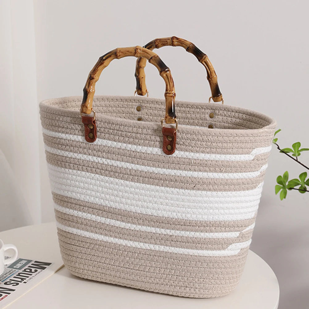 Women’s Woven Beach Tote Bag with Bamboo Handles – Large Striped Vacation Bag for Summer Travel & Seaside Parties