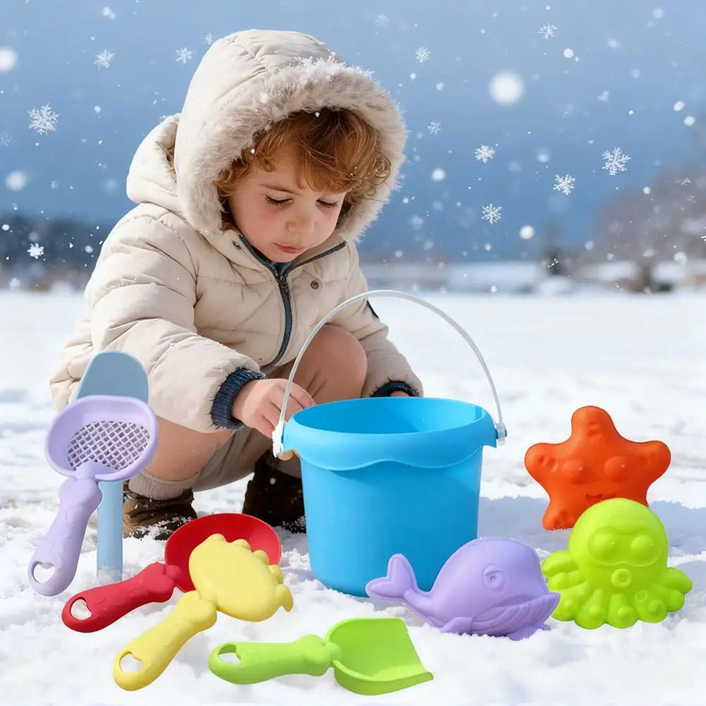 Kids’ Beach Toy Set – Plastic Sand Play Set with Bucket, Shovels, Sea Creature Molds, Smooth Edges, and Bright Colors
