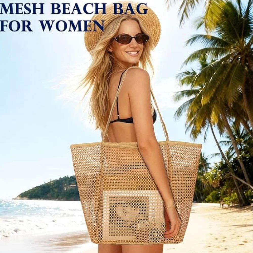 Women’s Summer Mesh Beach Tote Bag – Sandproof Woven Shoulder Handbag with Large Inner Pocket for Travel, Vacation, and Beach Essentials