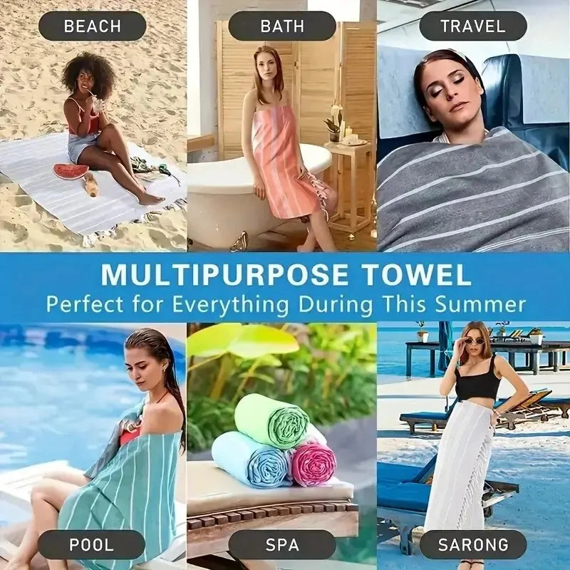 Oversized Turkish Beach Towel 90 × 180 cm – Sand-Free Quick-Dry Swim Towel with Tassels for Adults, Travel, Beach, Pool, and Gifts