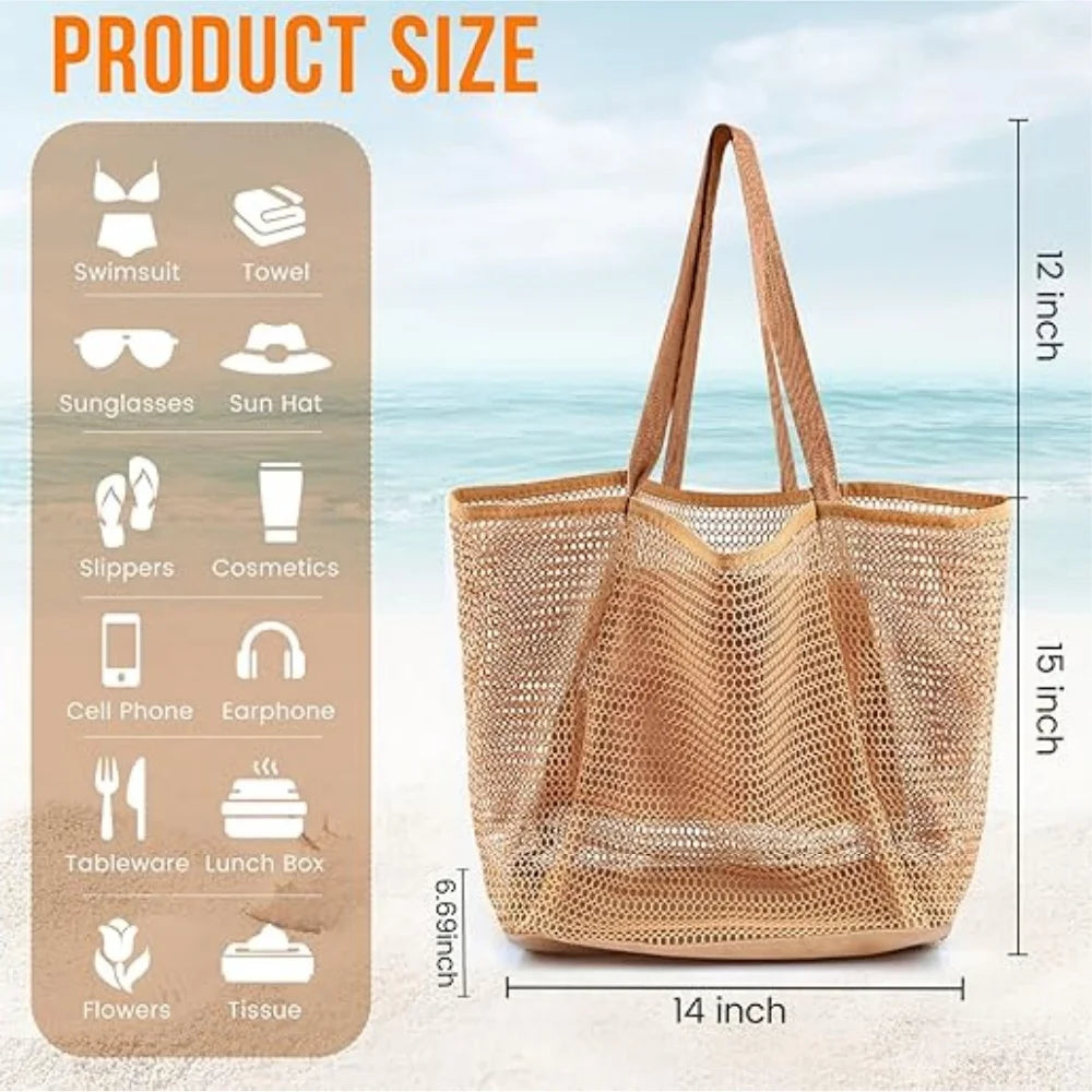 Women’s Summer Mesh Beach Tote Bag – Sandproof Woven Shoulder Handbag with Large Inner Pocket for Travel, Vacation, and Beach Essentials