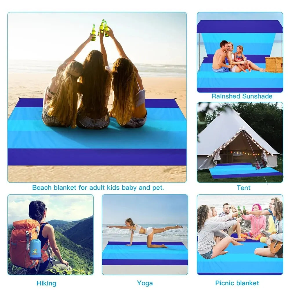 Large Waterproof Sandproof Beach Blanket – Lightweight Beach Mat for 2–3 Adults, Perfect for Travel, Camping, Hiking, and Beach Trips