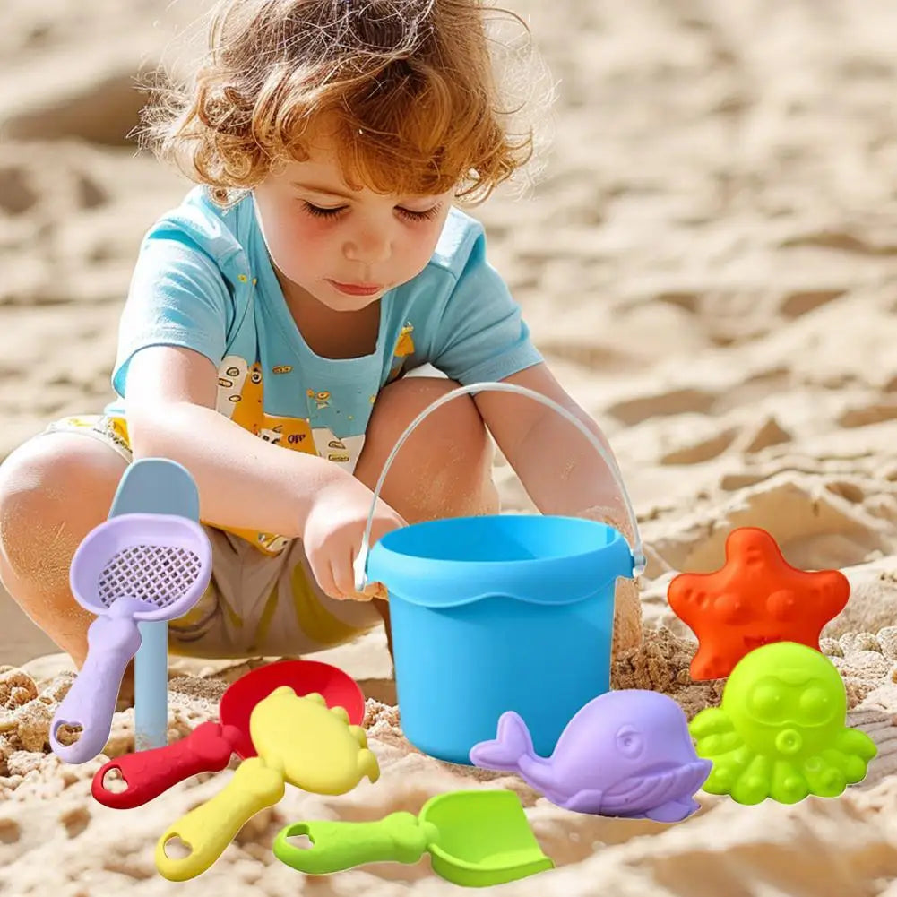 Kids’ Beach Toy Set – Plastic Sand Play Set with Bucket, Shovels, Sea Creature Molds, Smooth Edges, and Bright Colors