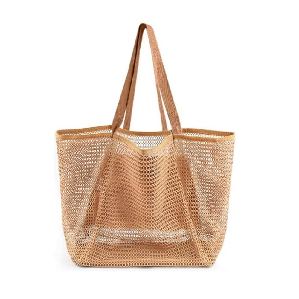 Women’s Summer Mesh Beach Tote Bag – Sandproof Woven Shoulder Handbag with Large Inner Pocket for Travel, Vacation, and Beach Essentials