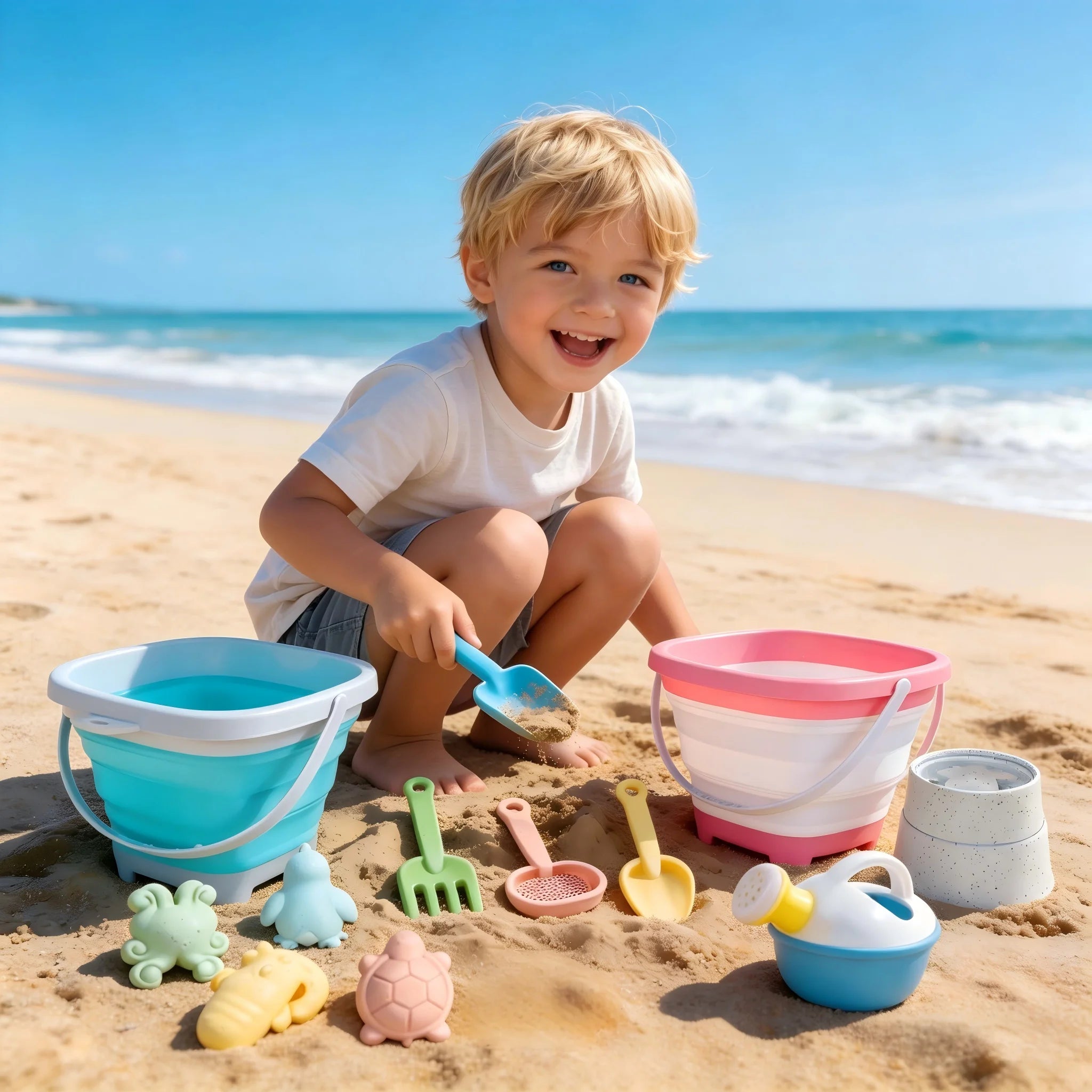 Kids’ Collapsible Beach Toy Set – Silicone Bucket, Shovels & Sand Molds for Summer Outdoor Play