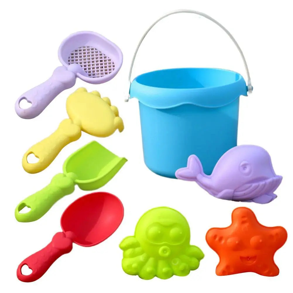 Kids’ Beach Toy Set – Plastic Sand Play Set with Bucket, Shovels, Sea Creature Molds, Smooth Edges, and Bright Colors