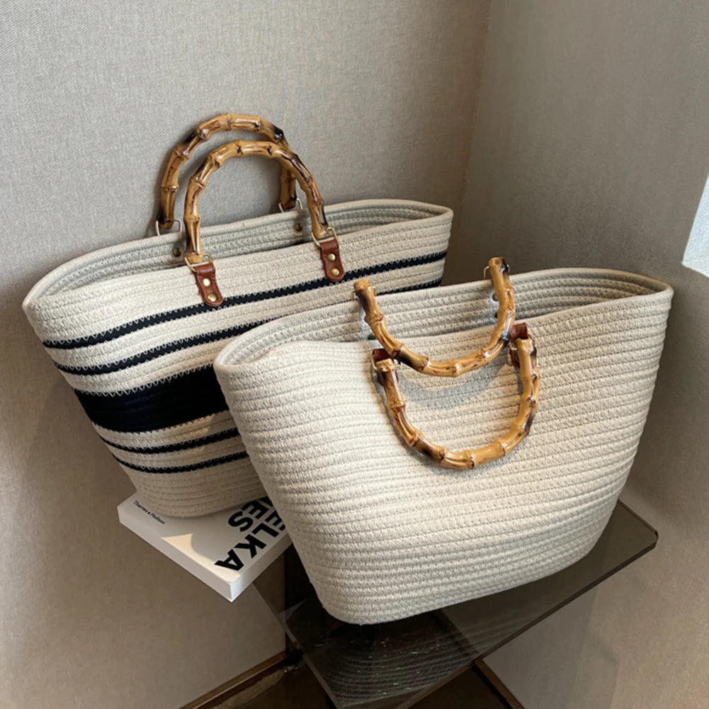Women’s Woven Beach Tote Bag with Bamboo Handles – Large Striped Vacation Bag for Summer Travel & Seaside Parties