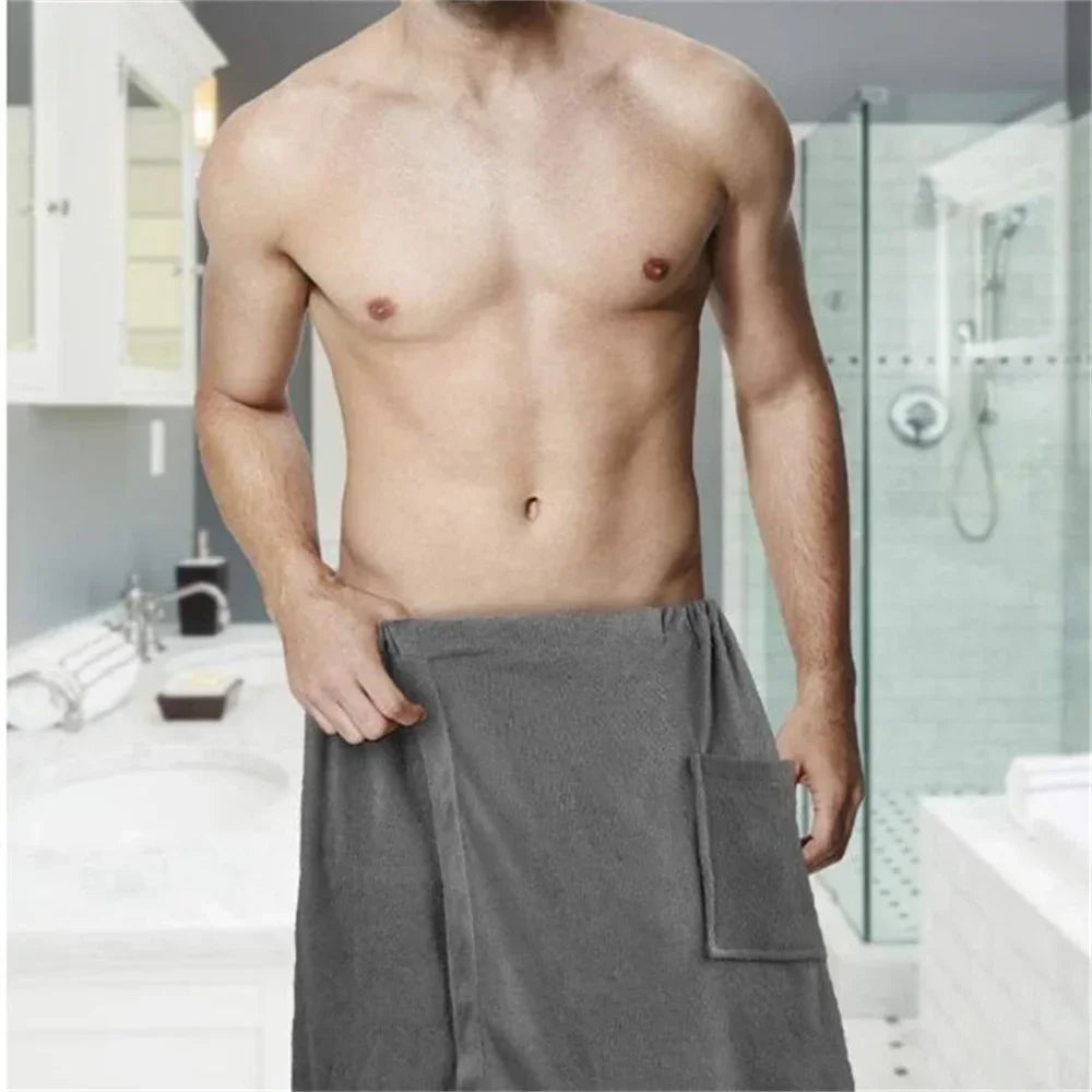 Men’s Soft Wearable Bath Towel with Pocket – Adjustable Shower Wrap for Sauna, Gym, Swimming, Spa, Beach, and Travel