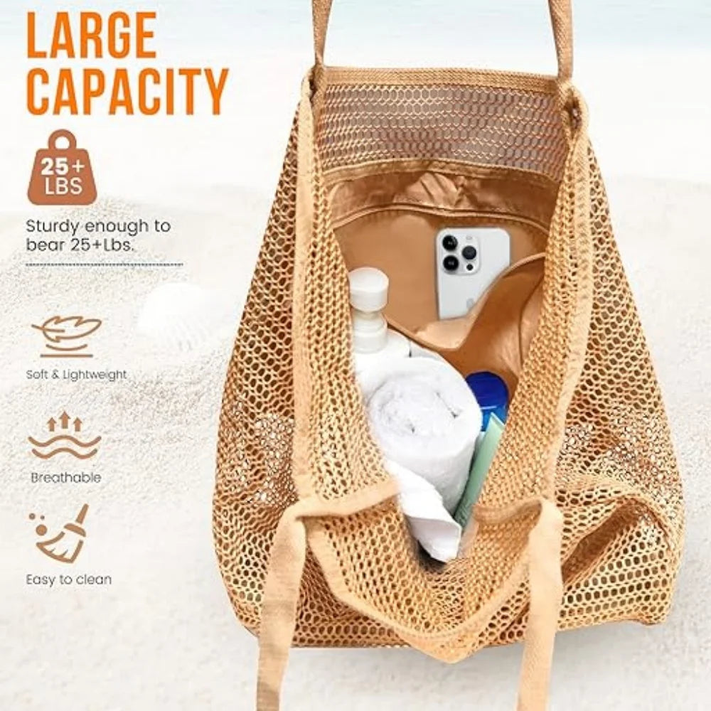 Women’s Summer Mesh Beach Tote Bag – Sandproof Woven Shoulder Handbag with Large Inner Pocket for Travel, Vacation, and Beach Essentials
