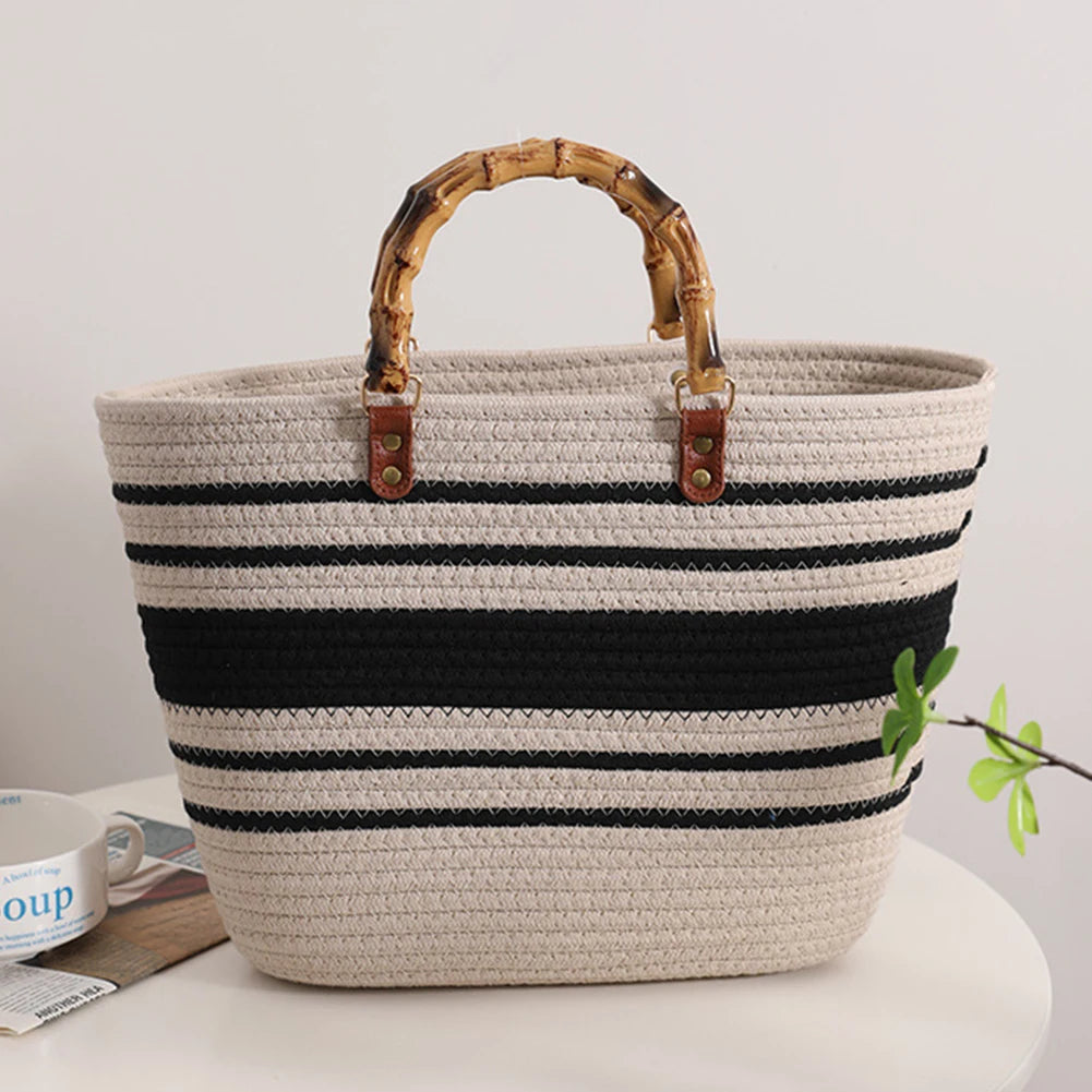Women’s Woven Beach Tote Bag with Bamboo Handles – Large Striped Vacation Bag for Summer Travel & Seaside Parties