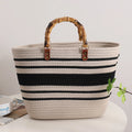 Women’s Woven Beach Tote Bag with Bamboo Handles – Large Striped Vacation Bag for Summer Travel & Seaside Parties