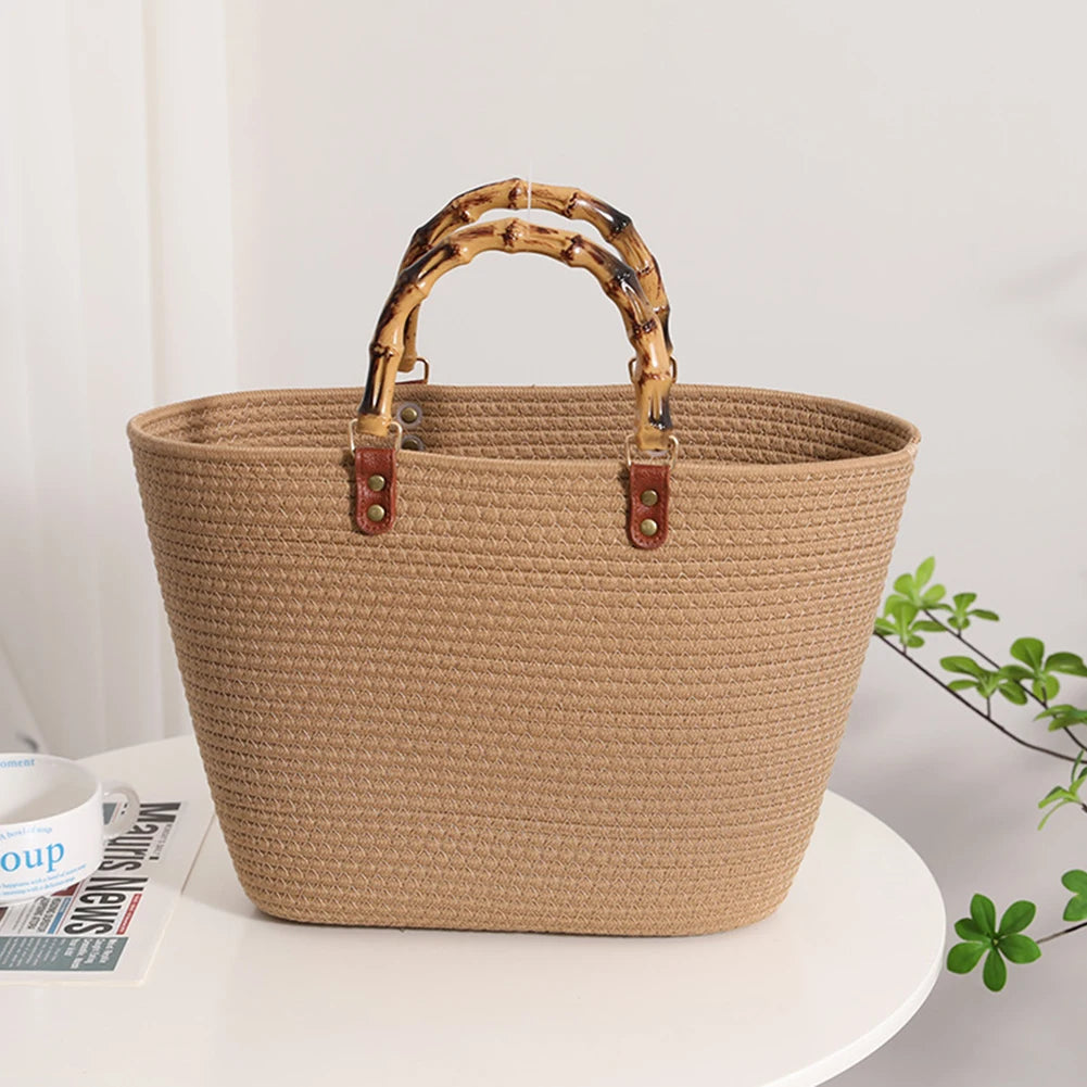 Women’s Woven Beach Tote Bag with Bamboo Handles – Large Striped Vacation Bag for Summer Travel & Seaside Parties