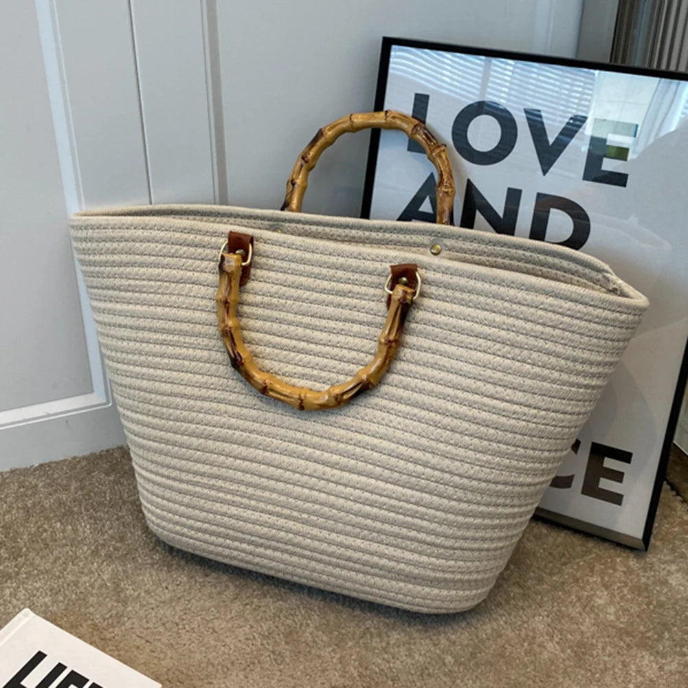 Women’s Woven Beach Tote Bag with Bamboo Handles – Large Striped Vacation Bag for Summer Travel & Seaside Parties