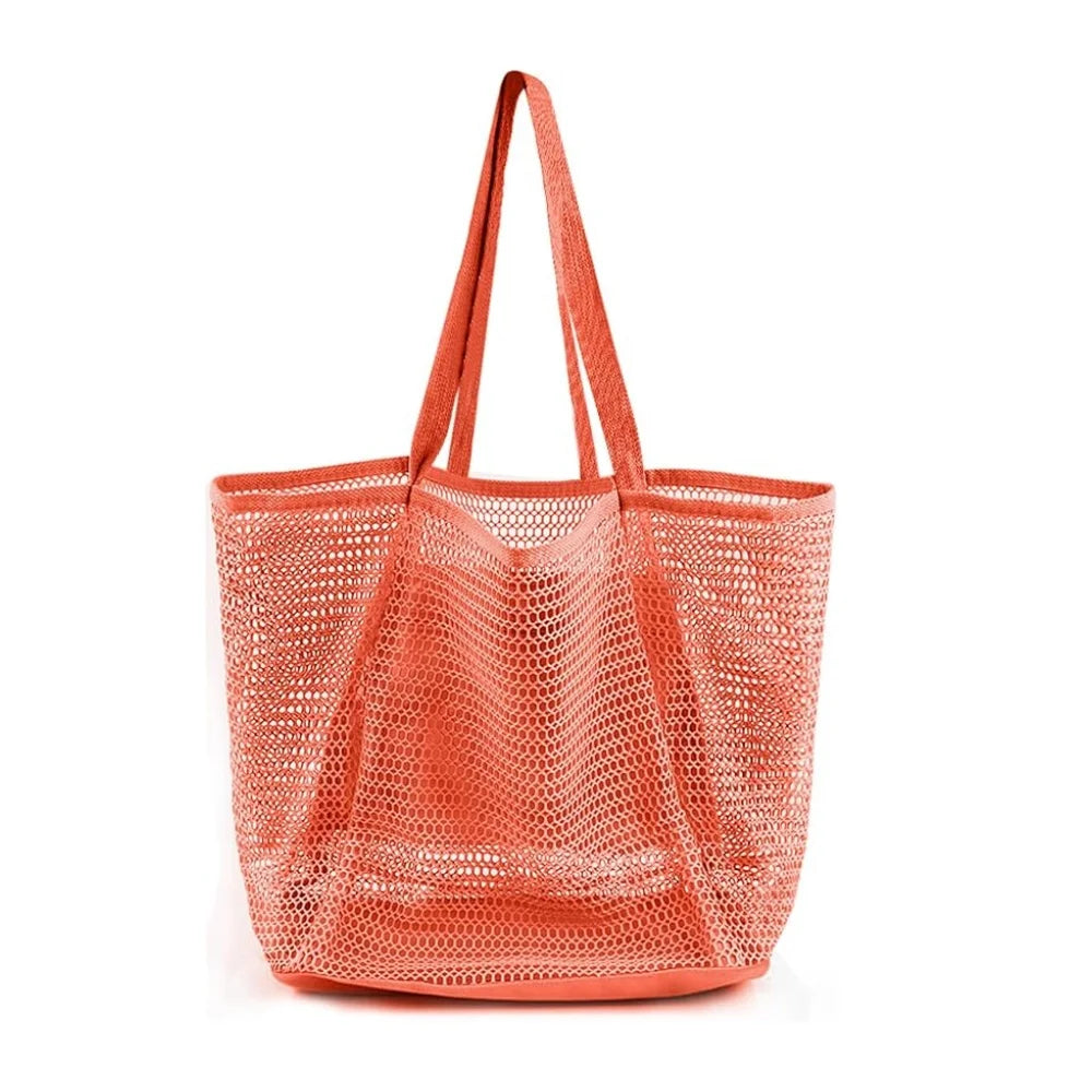 Women’s Summer Mesh Beach Tote Bag – Sandproof Woven Shoulder Handbag with Large Inner Pocket for Travel, Vacation, and Beach Essentials
